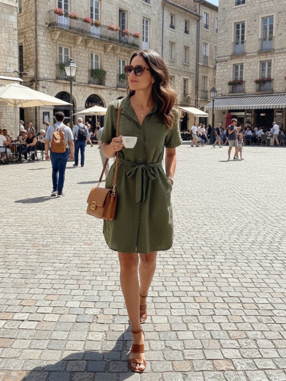 J. Crew Olive Green Button-Front Shirt Dress with Tie Waiste and pockets